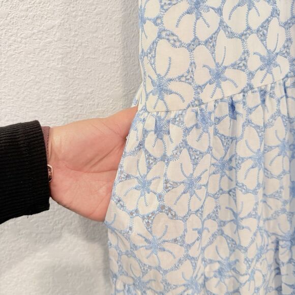 Milly Evelyn Tiered Eyelet Mini Dress Blue Floral Embroidered Spaghetti Straps - Picture 8 of 13